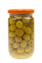 A jar of stuffed green olives isolated Royalty Free Stock Photo