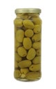 A jar of stuffed green olives isolated