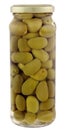 A jar of stuffed green olives isolated