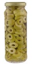 A jar of stuffed sliced green olives isolated Royalty Free Stock Photo