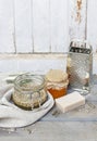 Jar of sunflower seeds, honey and bar of handmade soap Royalty Free Stock Photo