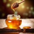 A jar of sweet honey placed near blooming flowers is a delightful sight that celebrates the beauty of nature\'s bounty.