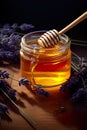 A jar of sweet honey placed near blooming flowers is a delightful sight that celebrates the beauty of nature\'s bounty.