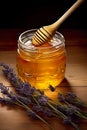 A jar of sweet honey placed near blooming flowers is a delightful sight that celebrates the beauty of nature\'s bounty.