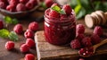 Raspberry Jam Jar With Scattered Fresh Raspberries