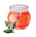 Jar with tangerine jam on isolated white background with orange blossom Royalty Free Stock Photo
