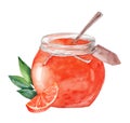 Jar with tangerine jam on isolated white background with orange blossom Royalty Free Stock Photo