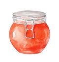 Jar with tangerine jam on isolated white background, watercolor illustration Royalty Free Stock Photo