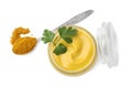 Jar with tasty curry sauce, powder and parsley isolated on white, top view Royalty Free Stock Photo
