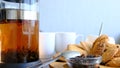 Jar with tea drink man hand filtering tea in glass.