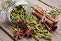 Jar of whole cardamom pods. Cinnamon sticks, cardamom seeds and anise stars on table Royalty Free Stock Photo