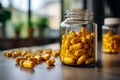 Jar with yellow vitamin pills healthy vital capsules pharmaceutical medicine omega supplement oil nutriment nutrient