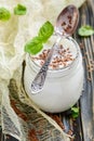 Jar with yoghurt and flaxseed to cleanse the body.