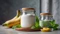 jar of yogurt with banana and fresh mint in the kitchen homemade organic