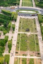 Jardin de la Tour Eiffel. Aerial overhead view of Champ de Mars and Eiffel Tower gardens in Paris, France