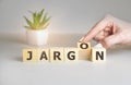 Jargon - hand holding word from wooden blocks with letters, special words and phrases jargon concept, top view on white background Royalty Free Stock Photo