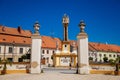 Jaromerice nad Rokytnou, Bohemia, Czech Republic, 06 July 2021: Holy Trinity Column with Statues, baroque romantic chateau with