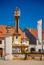 Jaromerice nad Rokytnou, Bohemia, Czech Republic, 06 July 2021: Holy Trinity Column with Statues, baroque romantic chateau with