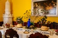 Jaromerice nad Rokytnou, Czech Republic, 06 July 2021: Castle interior with baroque wooden carved furniture, dining room with set