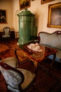 Jaromerice nad Rokytnou, Czech Republic, 06 July 2021: Castle interior with baroque wooden carved furniture, sofa and soft