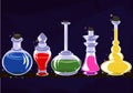 Jars of the Alchemist with magic potions on the shelf