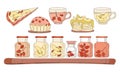 Jars with berry and apple jam, pies and cakes, herbal tea vector illustration set. Stickers collection of kitchen sweet homemade.