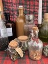 Jars and bottles with herbs and potions