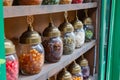 Jars of candies on the shelves of a candy store or shop Royalty Free Stock Photo