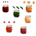 Jars with canned vegetables, berries and fruits