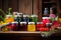 jars of colorful homemade jams on rustic wooden table