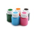 Jars with colorful paints on white background Royalty Free Stock Photo