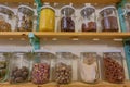 Jars with different herbs and spices Royalty Free Stock Photo