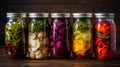 Jars with different preservations. Selective focus. Royalty Free Stock Photo