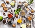 Jars with dried herbs, spices Royalty Free Stock Photo