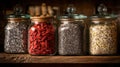 Jars of dried spices and herbs lined on shelf Royalty Free Stock Photo