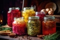 jars of fermenting sauerkraut with various colorful spices