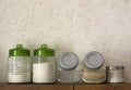 Jars with flour, sugar, rice, cereals on shelf, kitchen