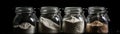 Jars Of Flouron Black Background Wde Panoramic. Generative AI Royalty Free Stock Photo