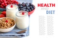 Jars of fresh natural yogurt, berries and cereals