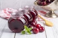 Jars with freshly homemade cherry jam, sour cherry jam, Turkish name Visne receli