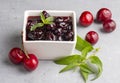 Jars with freshly homemade cherry jam, sour cherry jam, Turkish name Visne receli