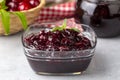 Jars with freshly homemade cherry jam, sour cherry jam, Turkish name Visne receli