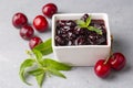 Jars with freshly homemade cherry jam, sour cherry jam, Turkish name Visne receli