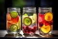 Jars of fruit-infused water. Slices of fresh fruits float elegantly.