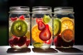 Jars of fruit-infused water. Slices of fresh fruits float elegantly.