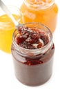 Jars of fruity jam Royalty Free Stock Photo