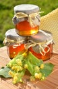 Jars full of delicious fresh honey linden flowers and honeycomb Royalty Free Stock Photo