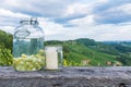 Jars with grapes and candle on wooden bench near vineyard along Royalty Free Stock Photo