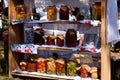 Jars with home-preserved fruits and vegetables variety and natural colors