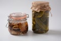 Jars of Homemade pickled vegetables: cucumbers, pickled honey agarics mushrooms. Royalty Free Stock Photo